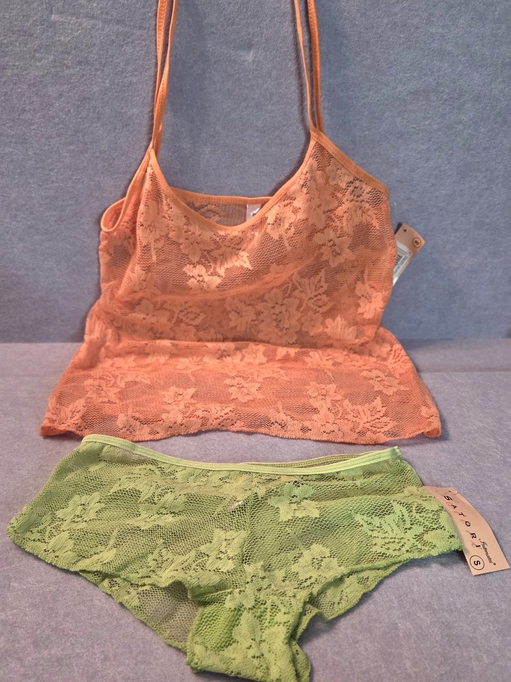 Lace Cami & Brief Set - Orange Cami with Green Brief